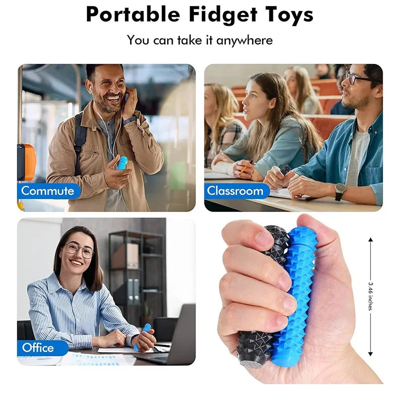 A hand holds a blue spike roller fidget toy with a black keychain, shown in various contexts like commuting and office work.