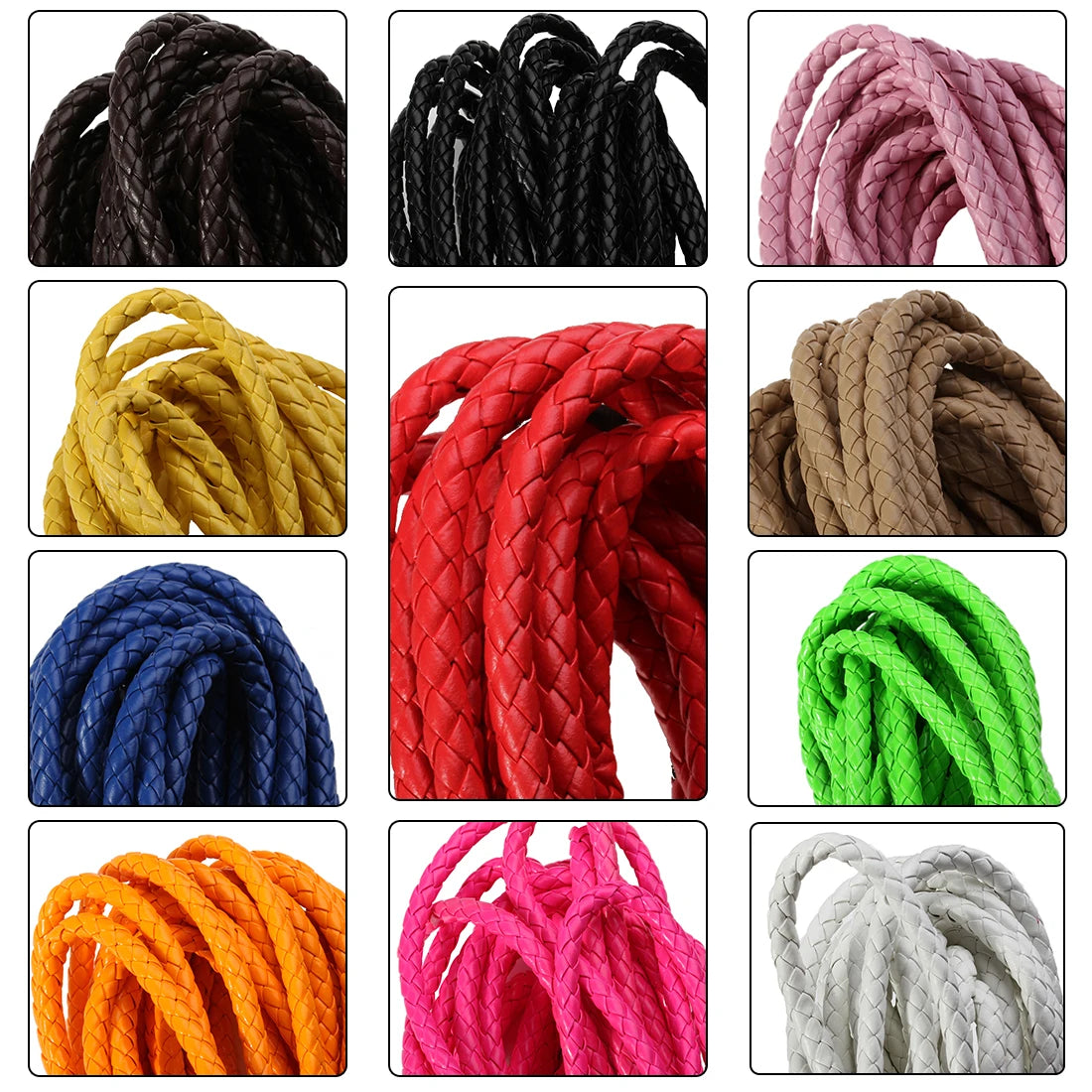 A collection of round braided leather cords in various colors including black, yellow, red, blue, orange, pink, and green.