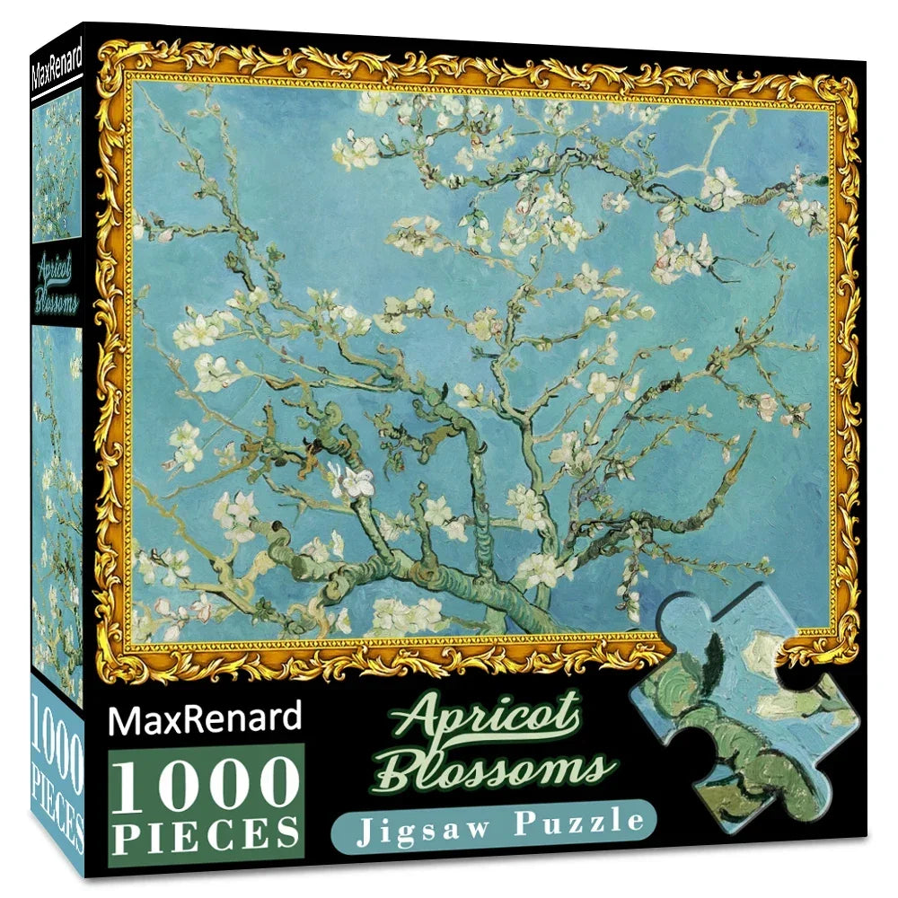 A box of a 1000-piece jigsaw puzzle featuring a light blue sky and branches covered in white blossoms.