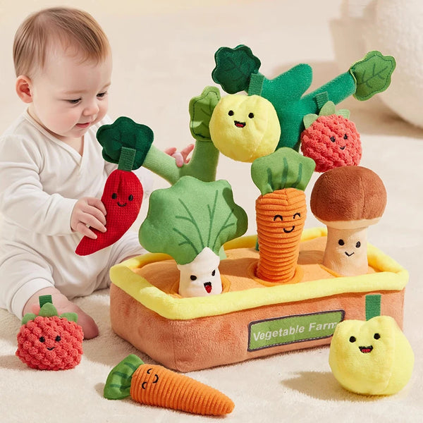 A plush toy set featuring a carrot, mushroom, and strawberry in an orange wooden farm box.
