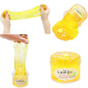 A yellow slime putty is being squeezed by hands, shown in various forms including a squeeze tube and a jar.