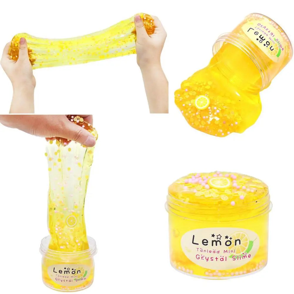 A yellow slime putty is being squeezed by hands, shown in various forms including a squeeze tube and a jar.