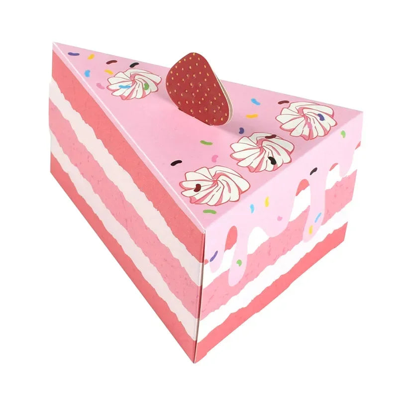 Pink gift box with a striped pattern and pink dripping paint design, featuring a red dot shape on top.