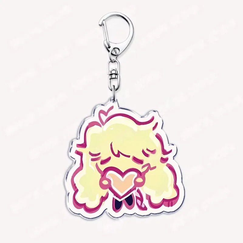 Silver acrylic keychain featuring a cute chibi-style yellow and pink hair design with a heart.