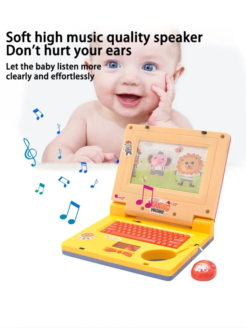 A baby is looking at an orange toddler learning laptop toy with a music feature and lights.