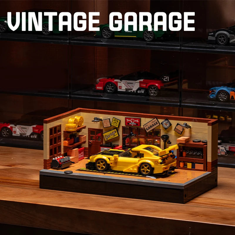 A detailed model of a vintage garage featuring a yellow sports car and various tools built from wooden blocks.