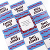 A collection of blue and red cards titled Family Time with prompts for conversation games.