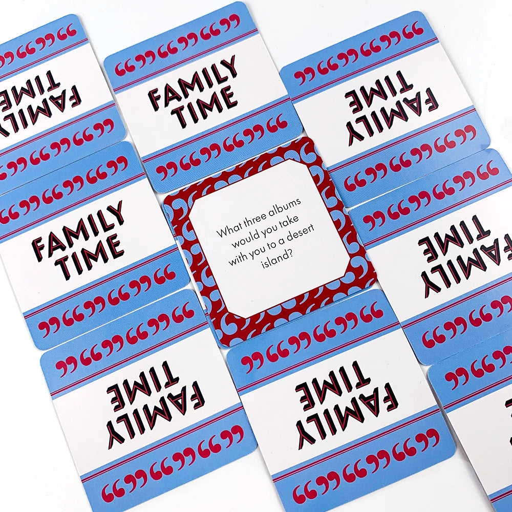 A collection of blue and red cards titled Family Time with prompts for conversation games.