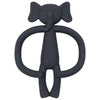 A dark gray silicone elephant teething toy with large ears and a trunk.