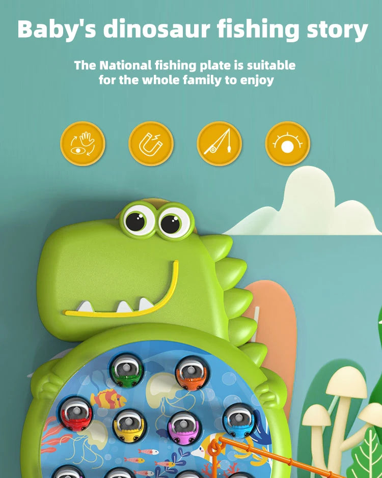 A green dinosaur-shaped magnetic fishing toy with various colored fish and prey figures.