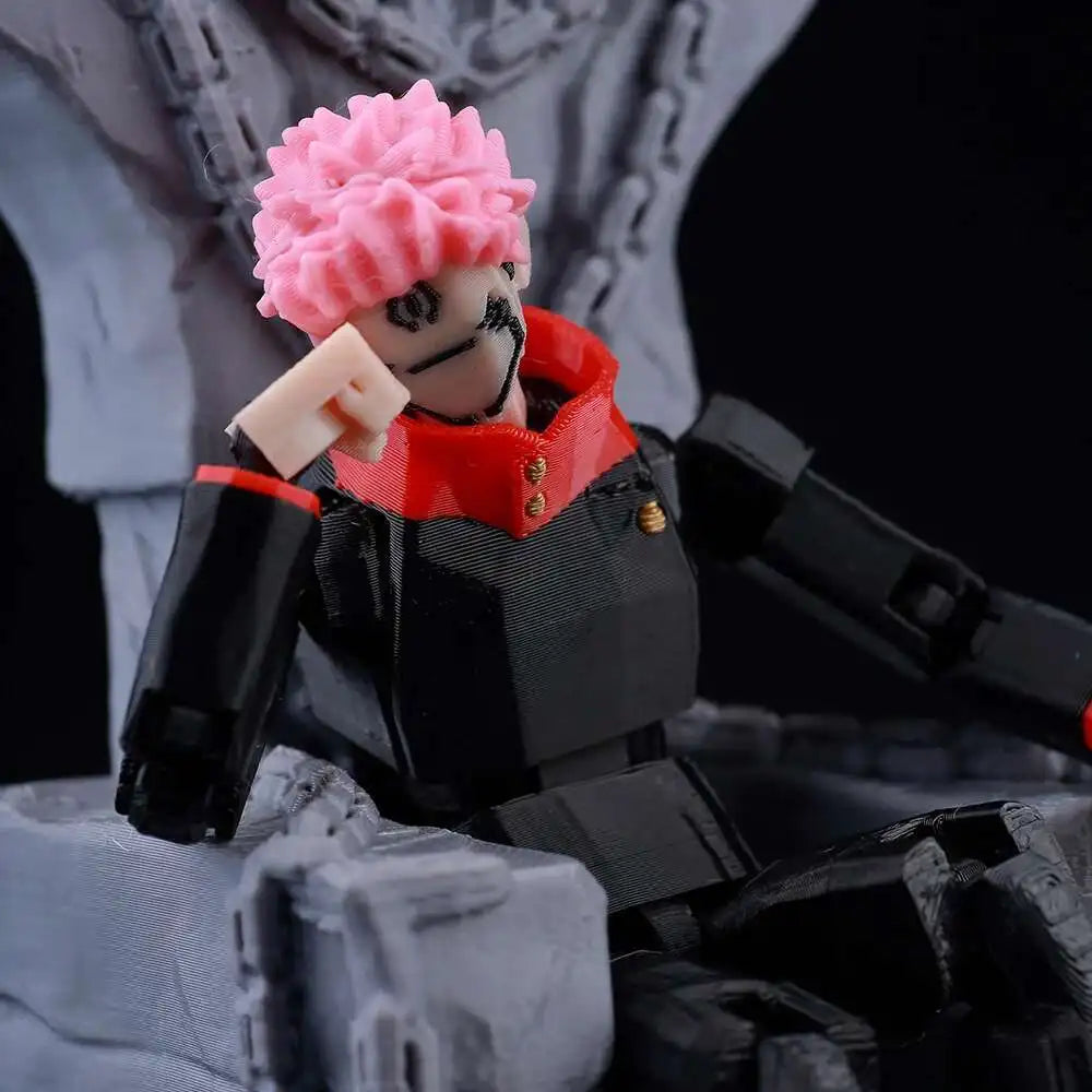 A fully articulated action figure of Yuji Itadori from Jujutsu Kaisen, featuring pink hair and a red jacket.