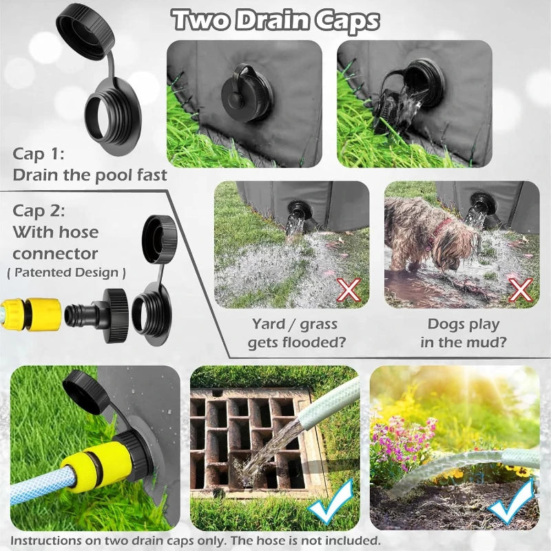 Two drain caps for a hose, showing how to use them on grass and in mud.