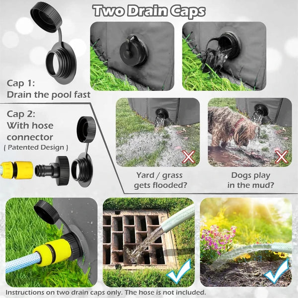 Two drain caps for a hose, showing how to use them on grass and in mud.