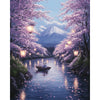 A serene landscape painting of Mount Fuji and cherry blossoms reflected in a calm river.