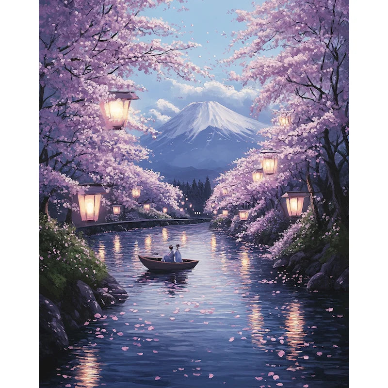 A serene landscape painting of Mount Fuji and cherry blossoms reflected in a calm river.