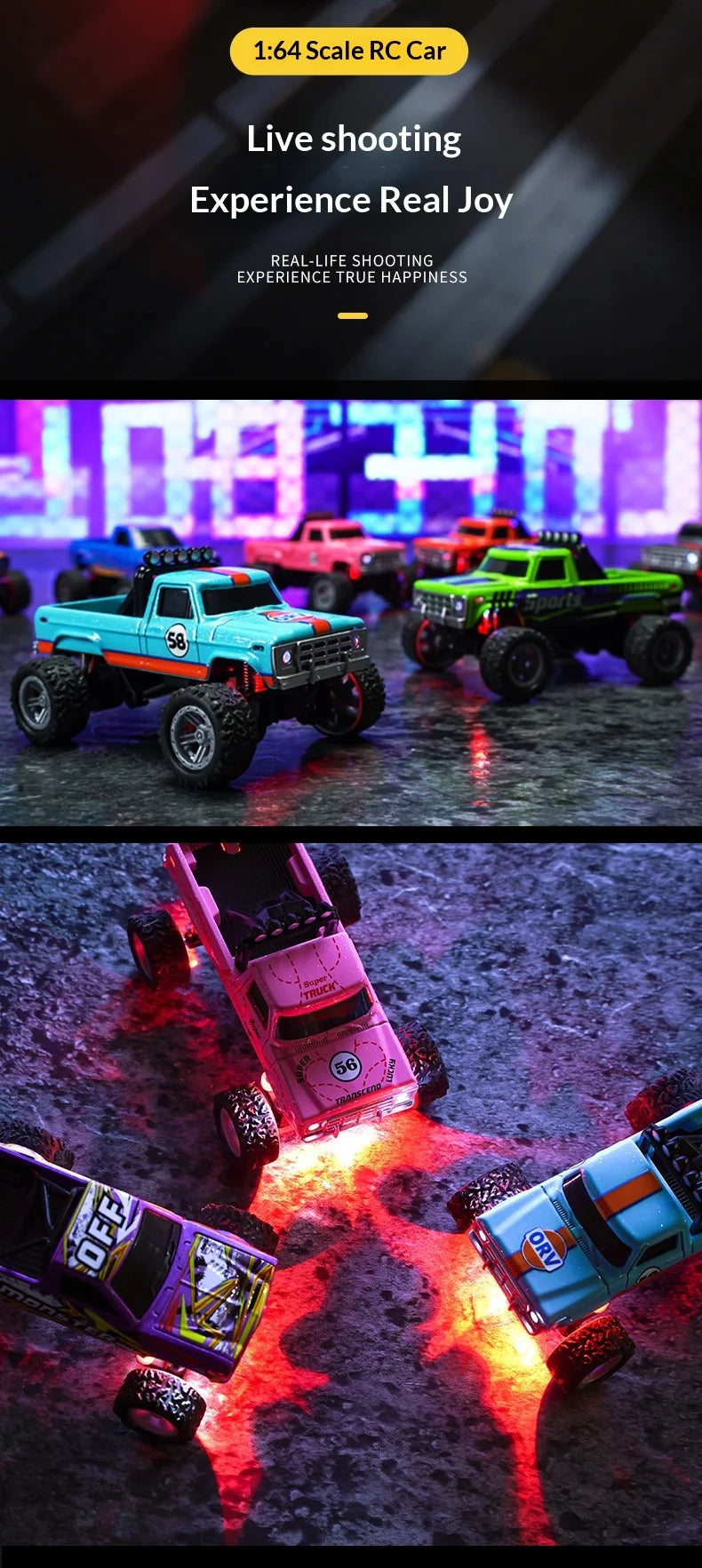 A bright blue 1:64 RC monster truck is shown drifting on a dark surface with red LED lights illuminating the scene.