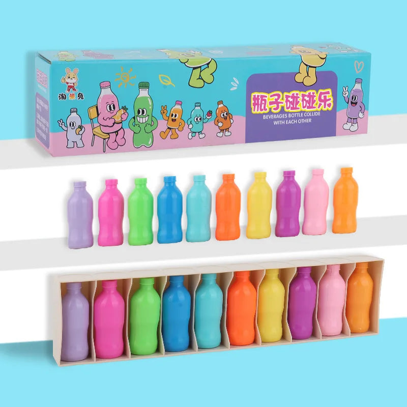 A box of a color memory matching game featuring various colored bottles with cute animal characters.