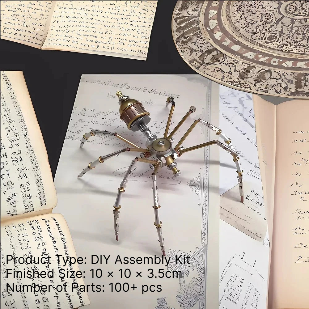 A finished steampunk metal spider assembly kit displayed on a page of old manuscript paper.