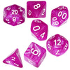 A set of seven marble effect polyhedral dice in various colors and shapes.