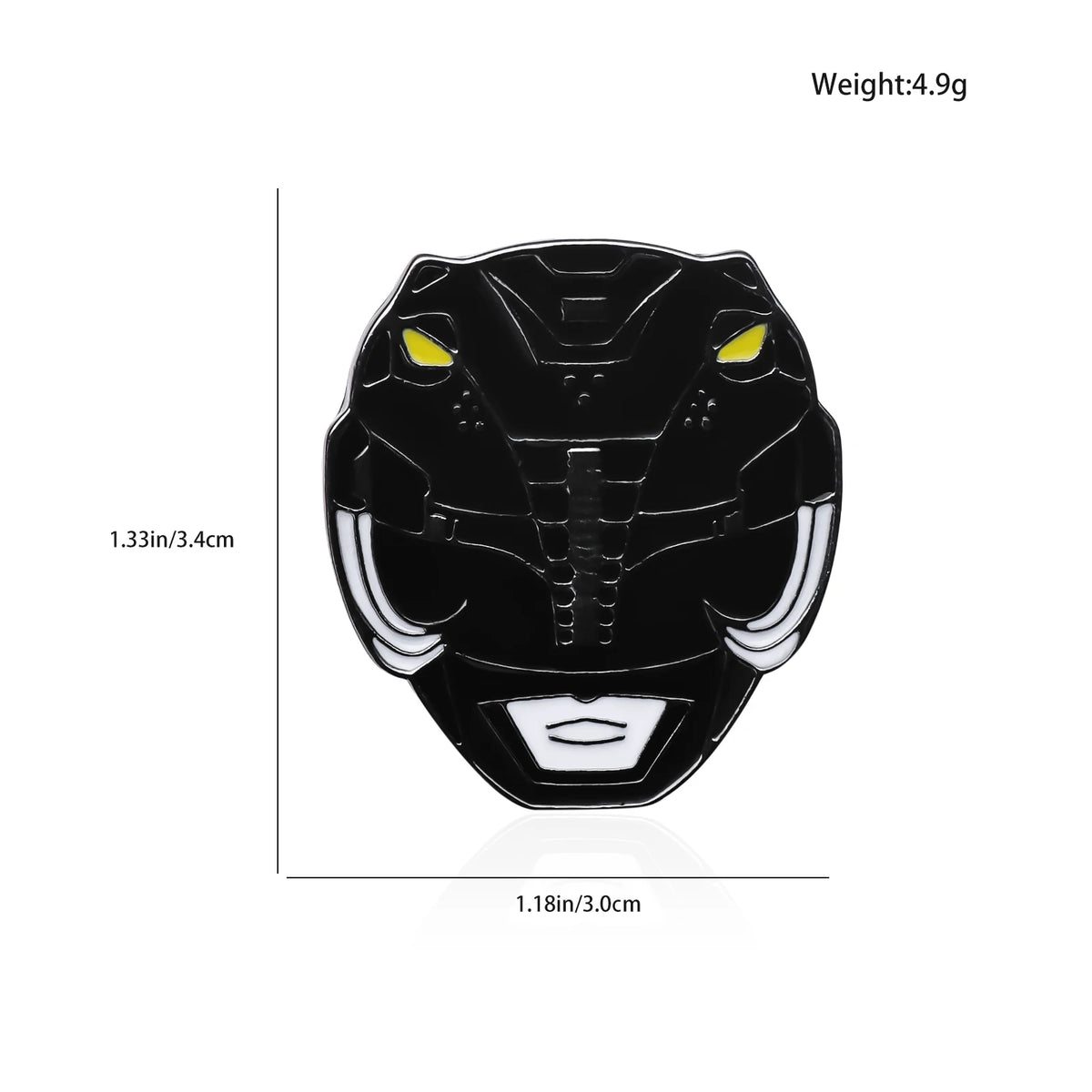 Black enamel pin featuring a dinosaur ranger battle suit and helmet design