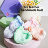 A collection of handmade ice leather balls in various pastel colors displayed on a pink surface.