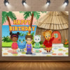A colorful cartoon scene featuring a tiger, a bear, and a lion standing in front of a thatched hut for a birthday backdrop.