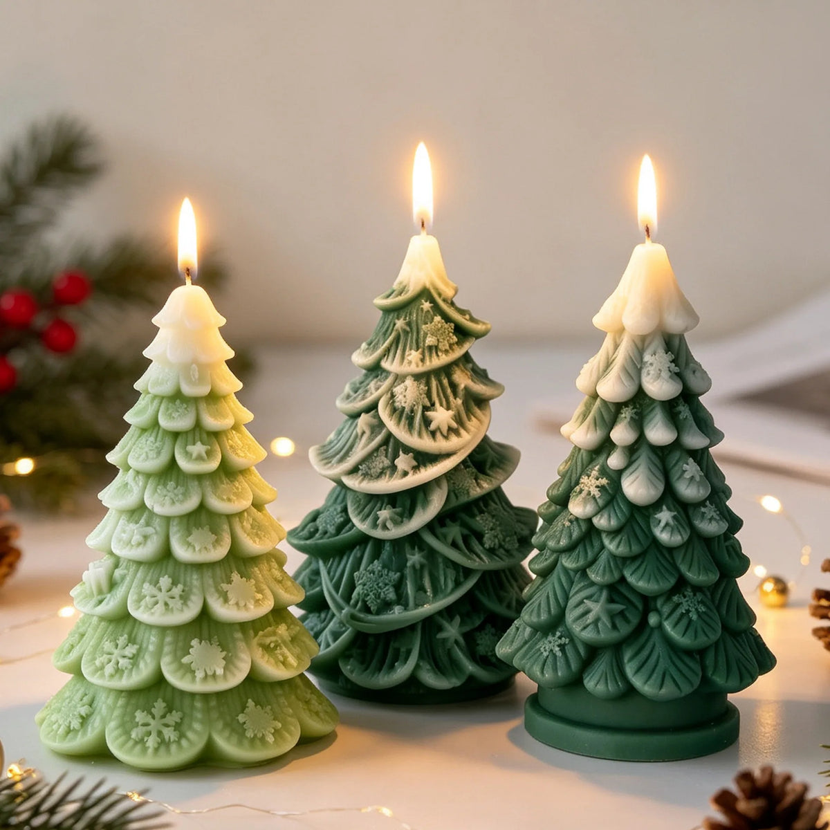 Three green silicone candle molds shaped like Christmas trees with star and snowflake details, lit by candles.