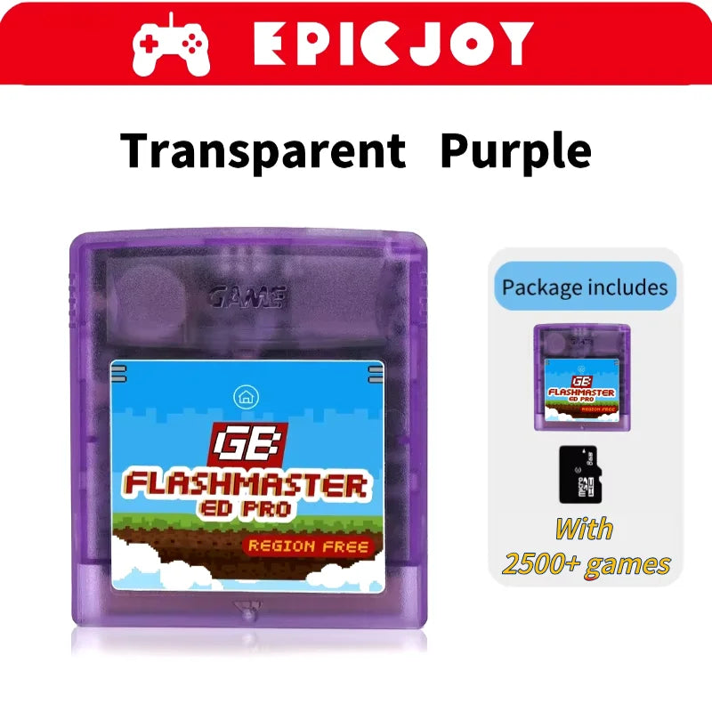 A transparent purple Game Boy Flash cartridge with a label for FlashMaster ED Pro games.