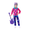 A female plush doll wearing a purple knit hat, a pink and blue checkered shirt, and blue jeans with star patterns, holding a 