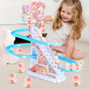 A child is playing with a white and pink animal racing car climb stairs toy set featuring an electric track slide.