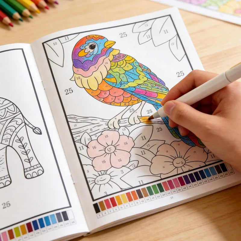 A hand colors a detailed bird illustration in a coloring book featuring nature patterns and a color palette.