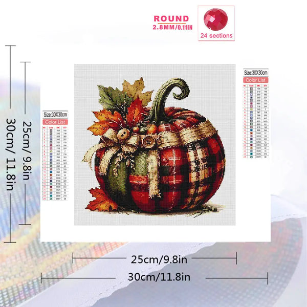 Diamond painting kit featuring a seasonal pumpkin design with autumn leaves and plaid patterns.