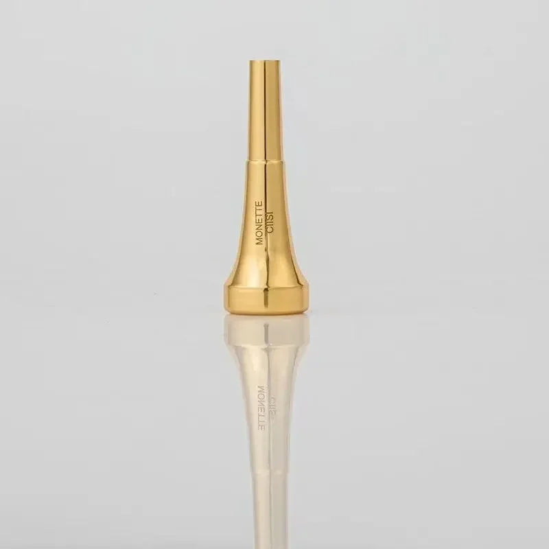 Gold-plated trumpet mouthpiece with a tapered design shown against a light gray background.