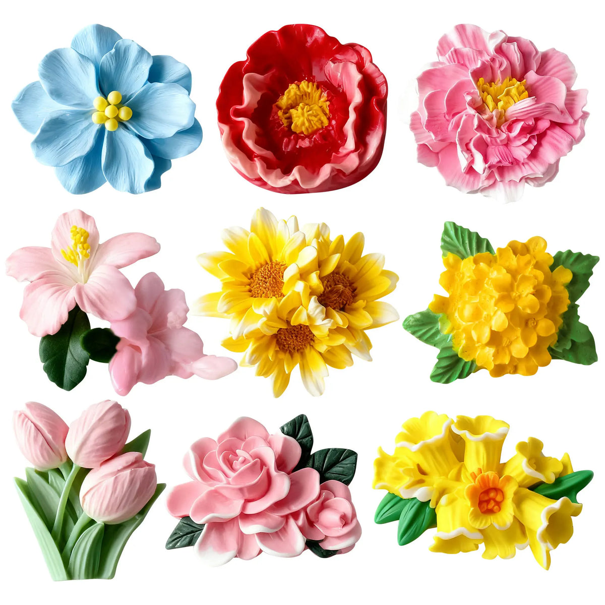 A collection of multi-flower silicone molds in various shades of blue, red, pink, and yellow for crafting.
