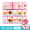 A set of 35 food themed flashcards for children featuring various foods like bread, cake, and juice.