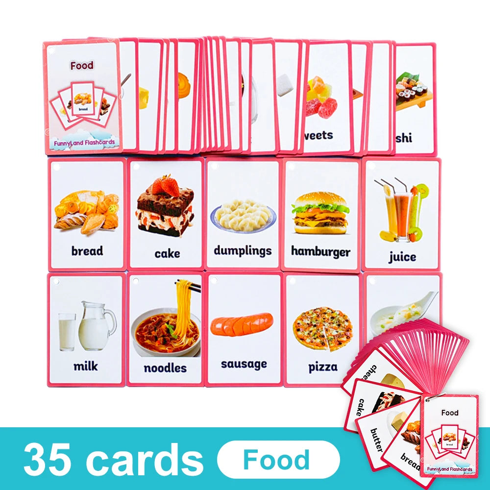 A set of 35 food themed flashcards for children featuring various foods like bread, cake, and juice.