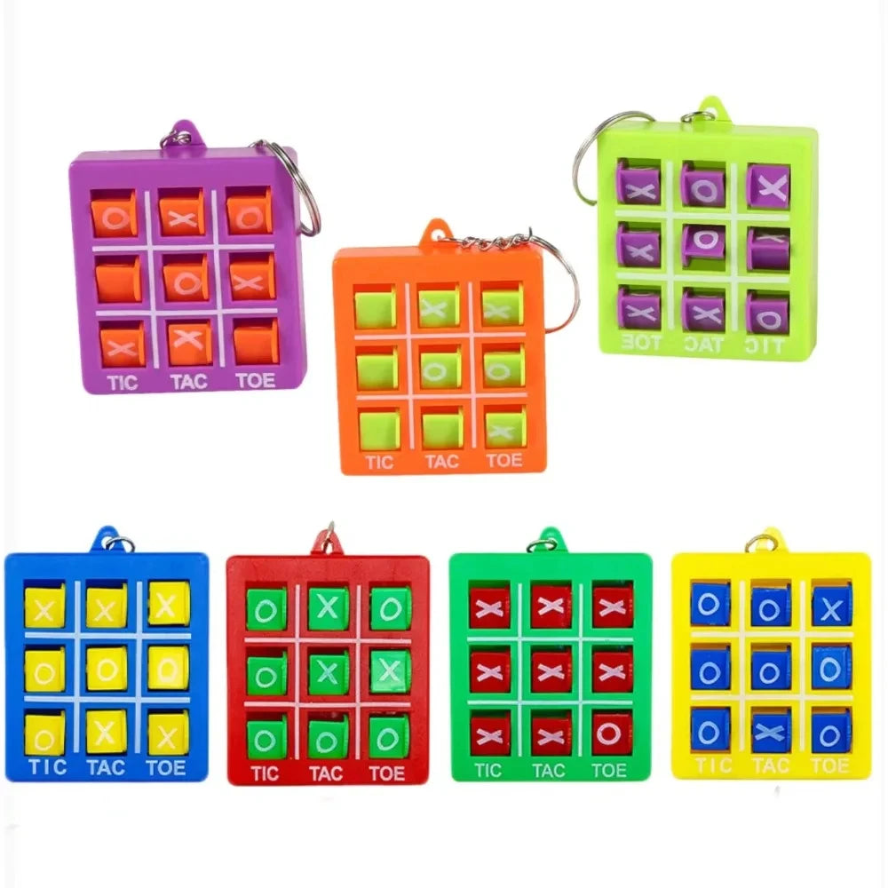 Colorful mini Tic Tac Toe puzzle game keychain featuring various colored tiles and a plastic frame.