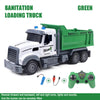 A green RC sanitation loading truck toy with a white cab and bucket, featuring remote control functions.