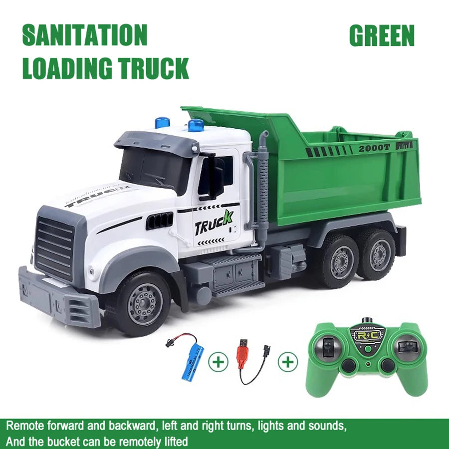 A green RC sanitation loading truck toy with a white cab and bucket, featuring remote control functions.