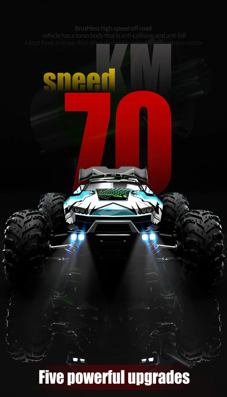 A dark, dramatic image of a high-speed 4WD RC monster truck with powerful upgrades and bright LED lights.