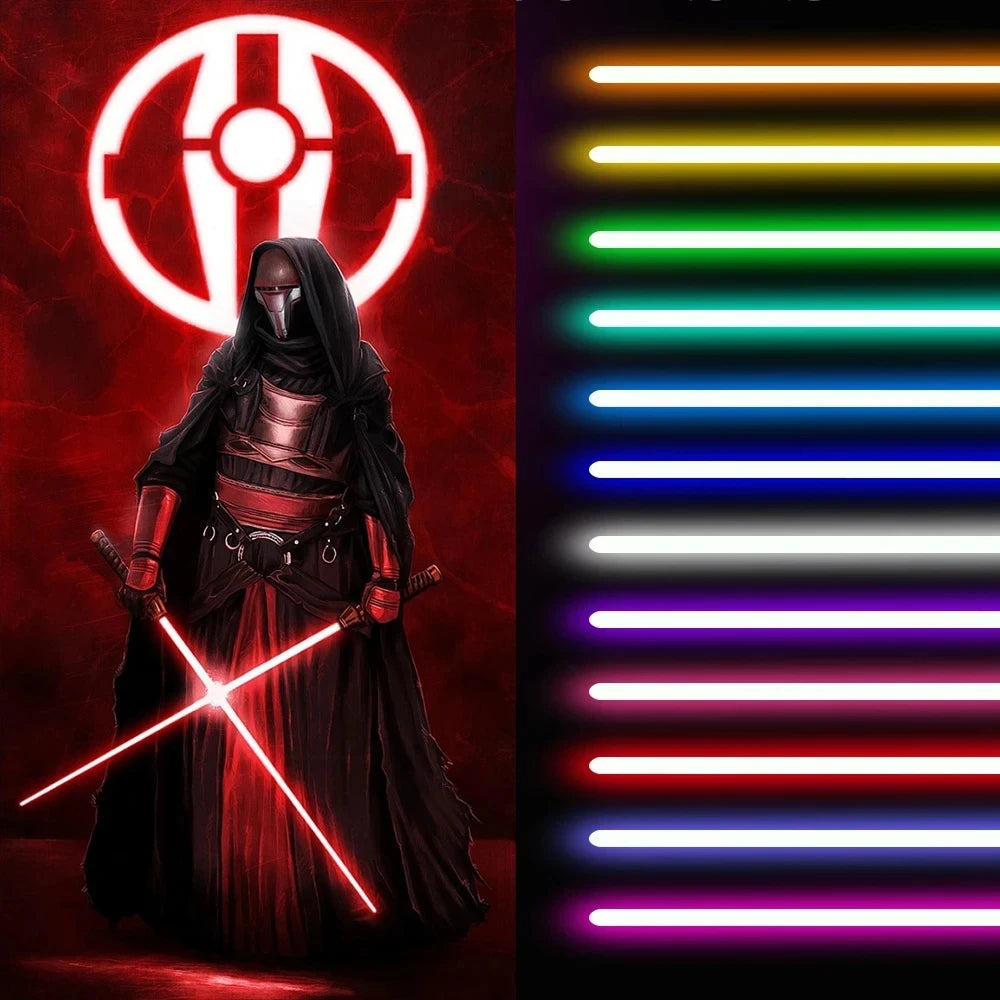 A dark figure in a hooded cloak wielding a red lightsaber against a background of glowing red and rainbow light bars.