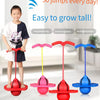 A child is shown jumping on various colored bouncing ball trainers for balance and coordination exercise.