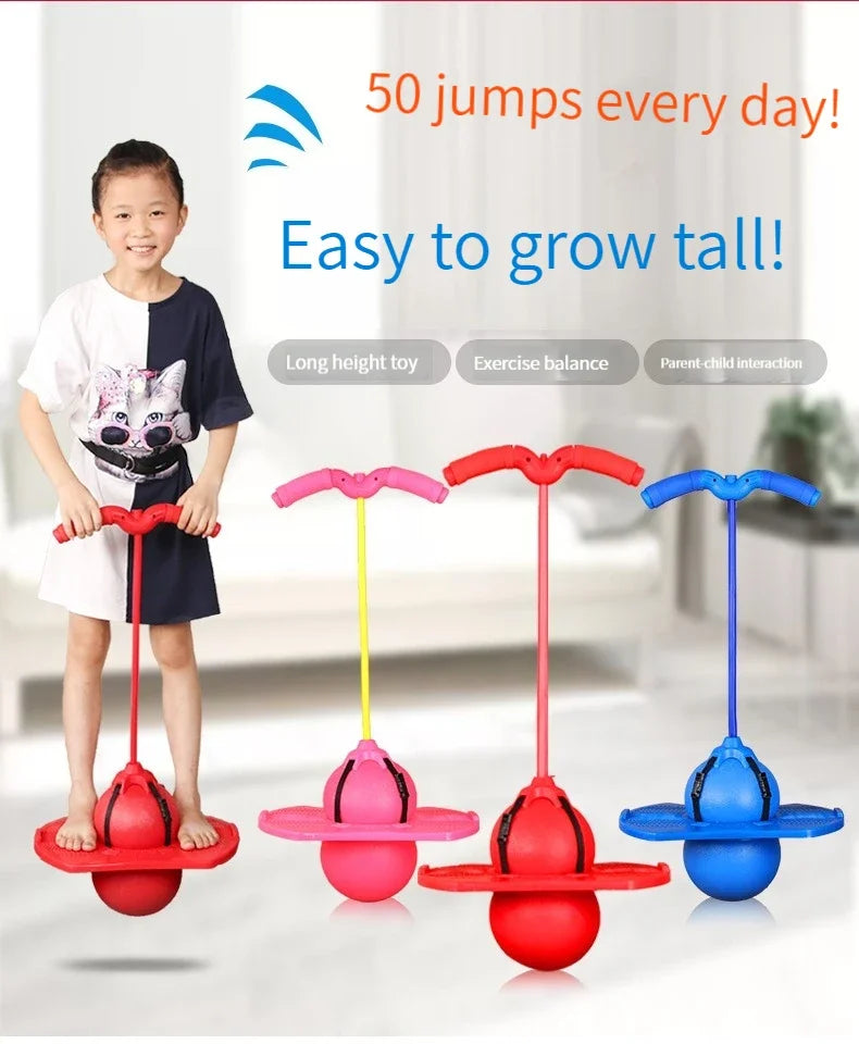 A child is shown jumping on various colored bouncing ball trainers for balance and coordination exercise.