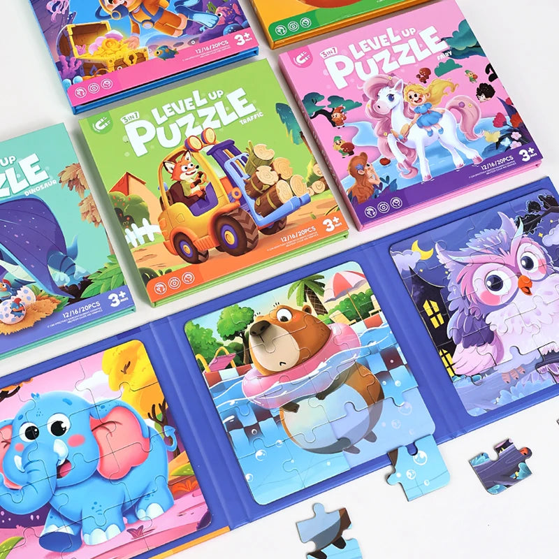 A collection of colorful portable folding magnetic puzzle sets featuring animals and characters for children.