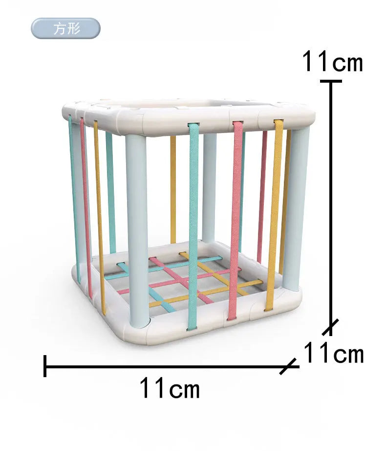 A colorful sensory sorting blocks set with vertical wooden rods and colored plastic pieces for babies and toddlers.
