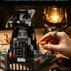 A detailed model of a spooky Halloween castle built from multi-layered building blocks, displayed on a wooden surface.