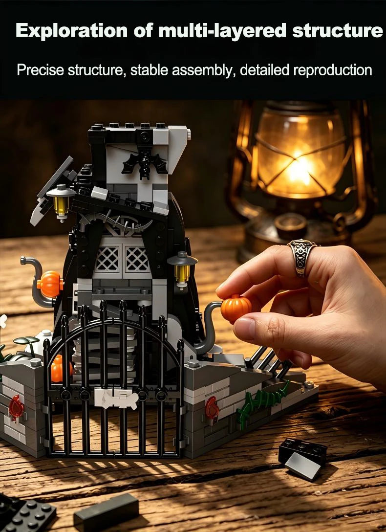 A detailed model of a spooky Halloween castle built from multi-layered building blocks, displayed on a wooden surface.