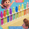 A colorful guessing game board featuring various colored glass bottles and plastic bottles for children to match.