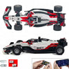 A black and red RC drift car with lights is shown alongside a USB app for control.