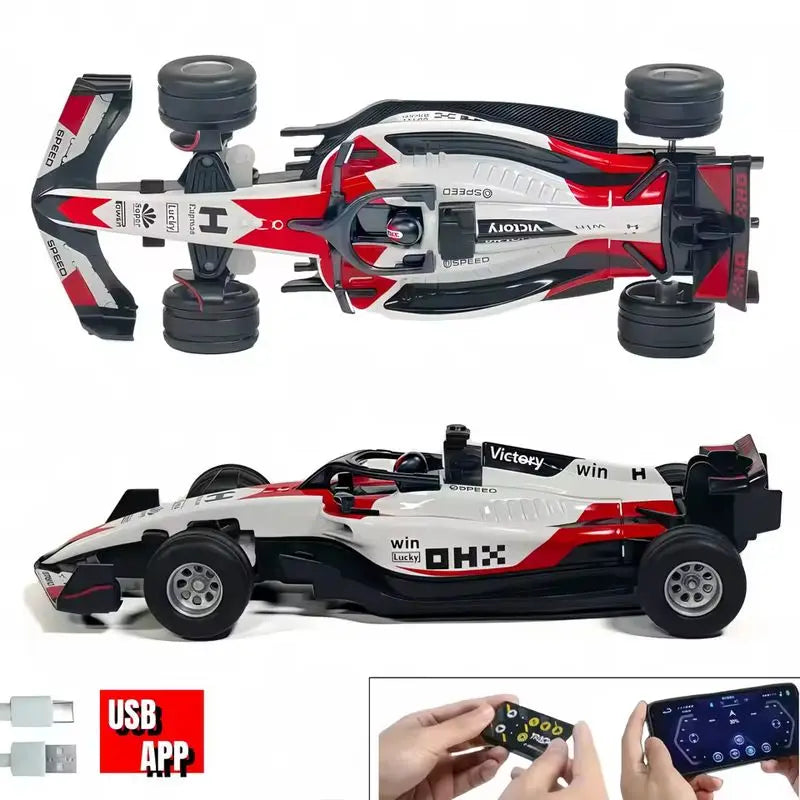 A black and red RC drift car with lights is shown alongside a USB app for control.